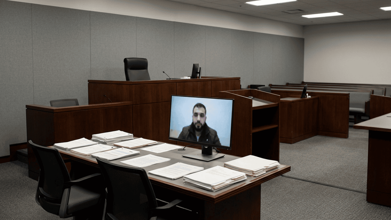 An empty immigration courtroom with a video screen prepared for a remote court appearance.