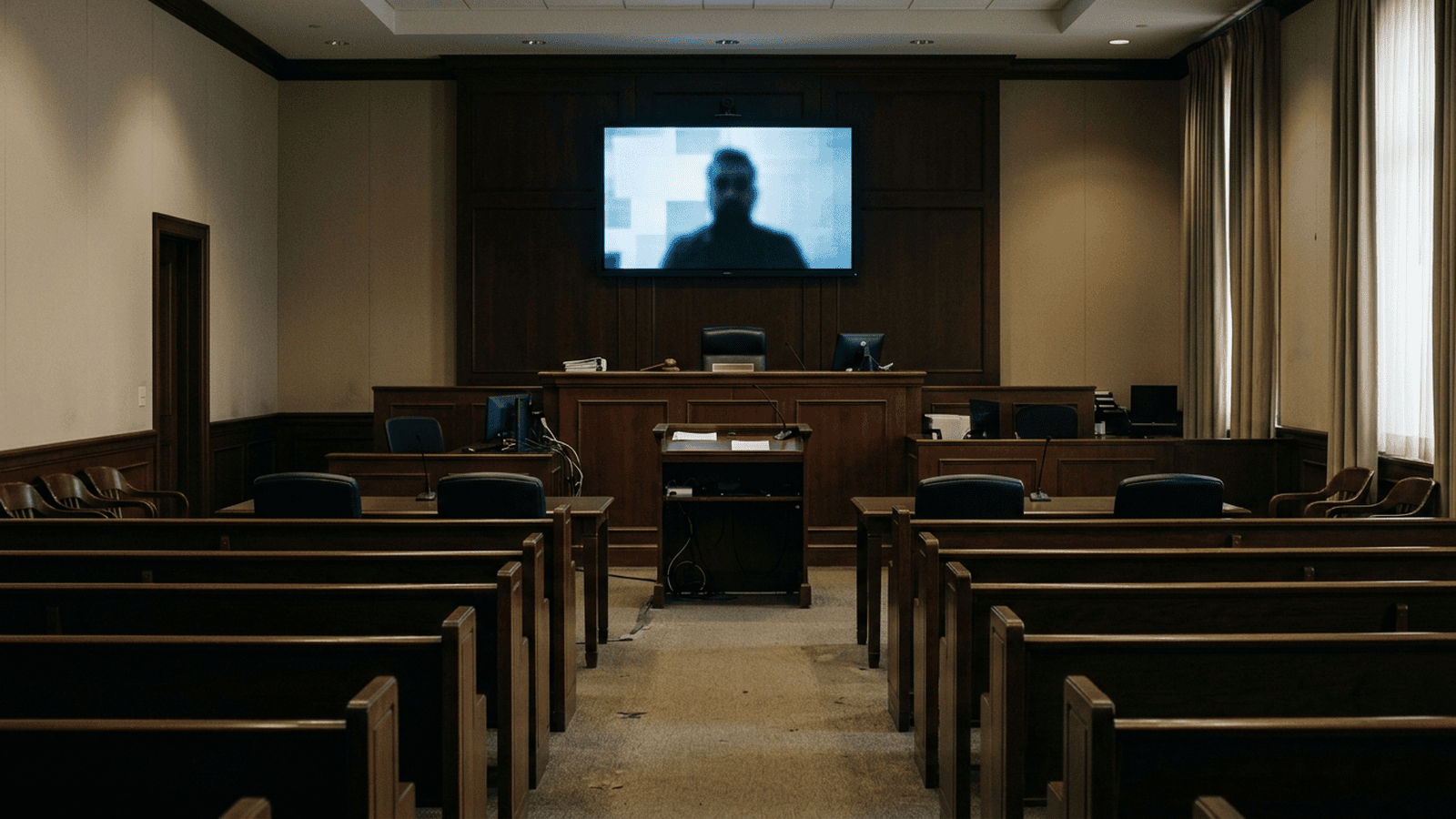 An empty immigration courtroom with a video monitor set up for a remote hearing.