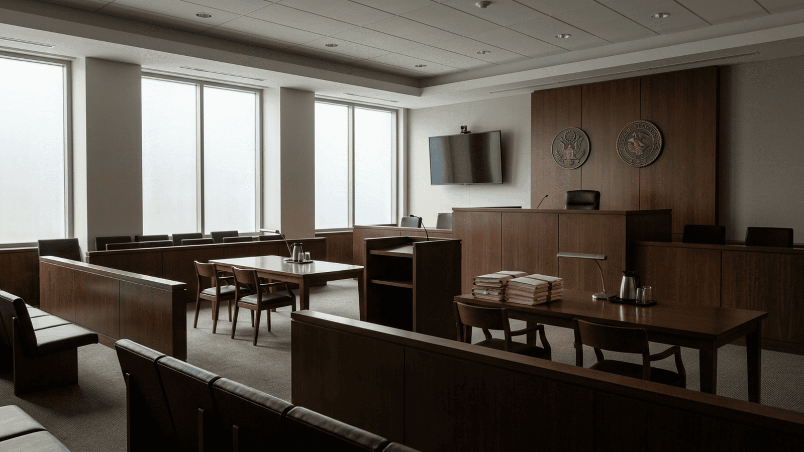 An empty immigration courtroom is set up for a remote hearing with a video monitor and legal files.