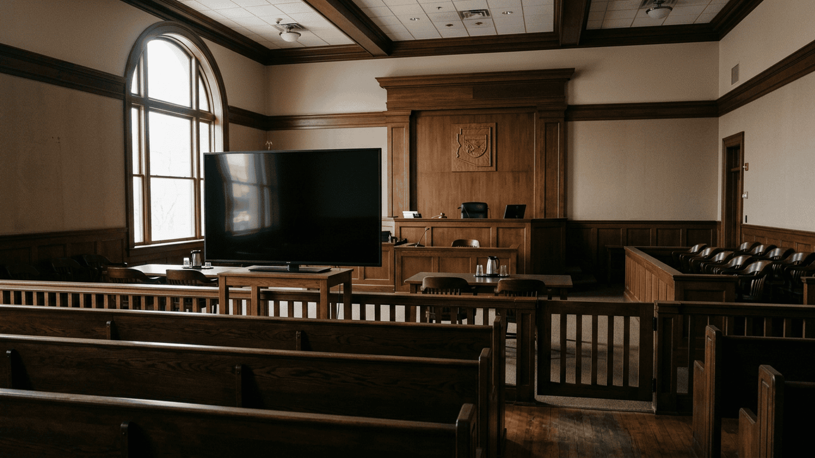 An empty courtroom with a dark video screen near the judge’s bench.