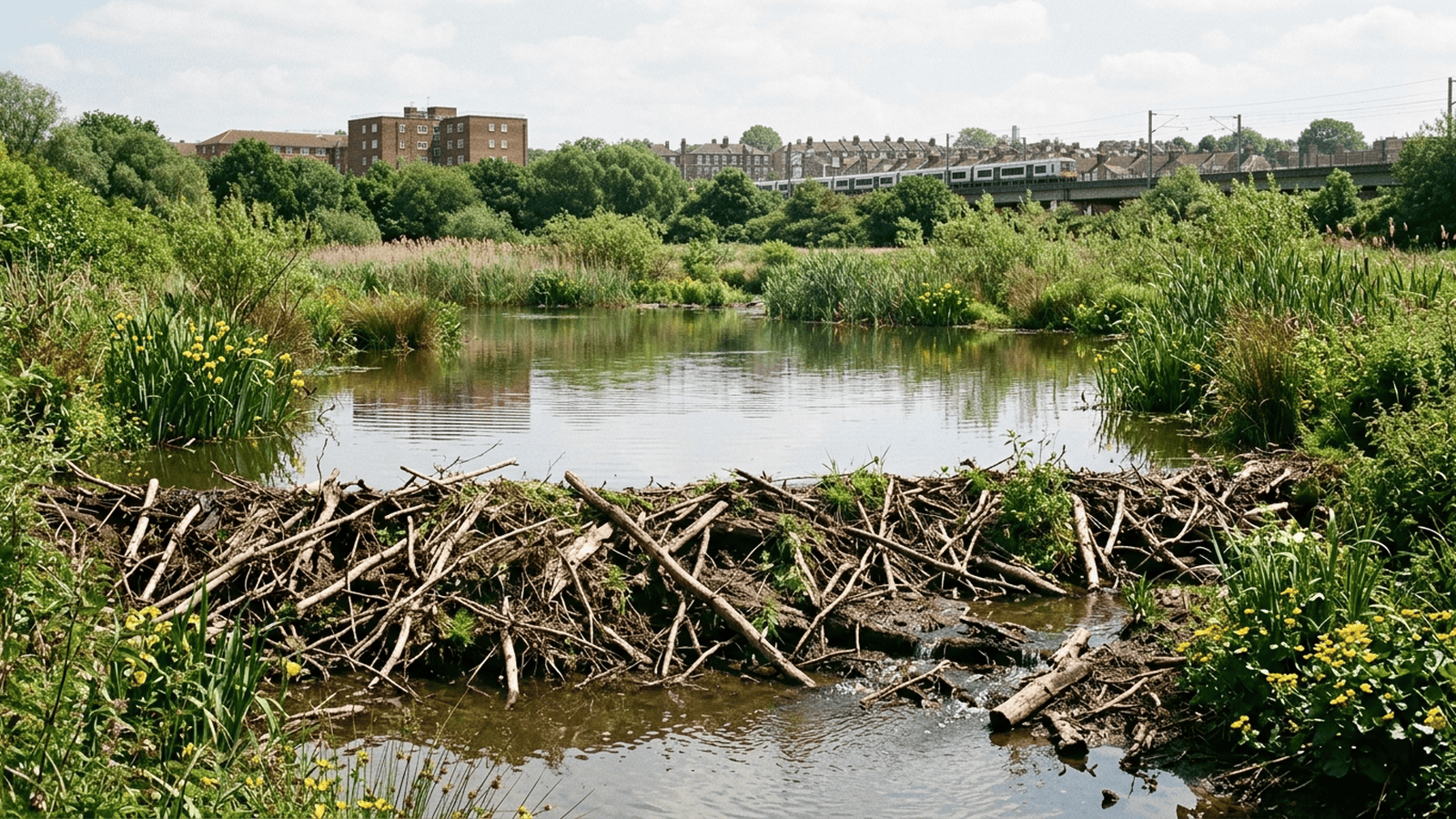 A beaver dam holds water in a Greenford wetland with the urban landscape visible in the distance.