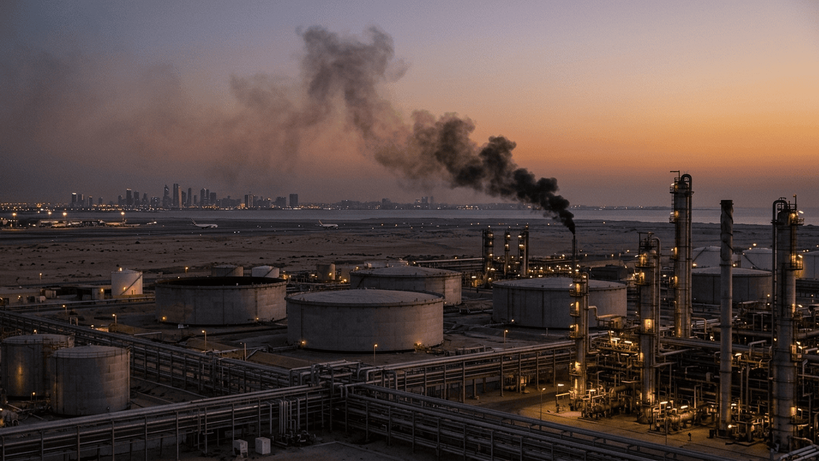 Smoke rises in the distance beyond an oil facility and airport infrastructure in a Gulf setting.