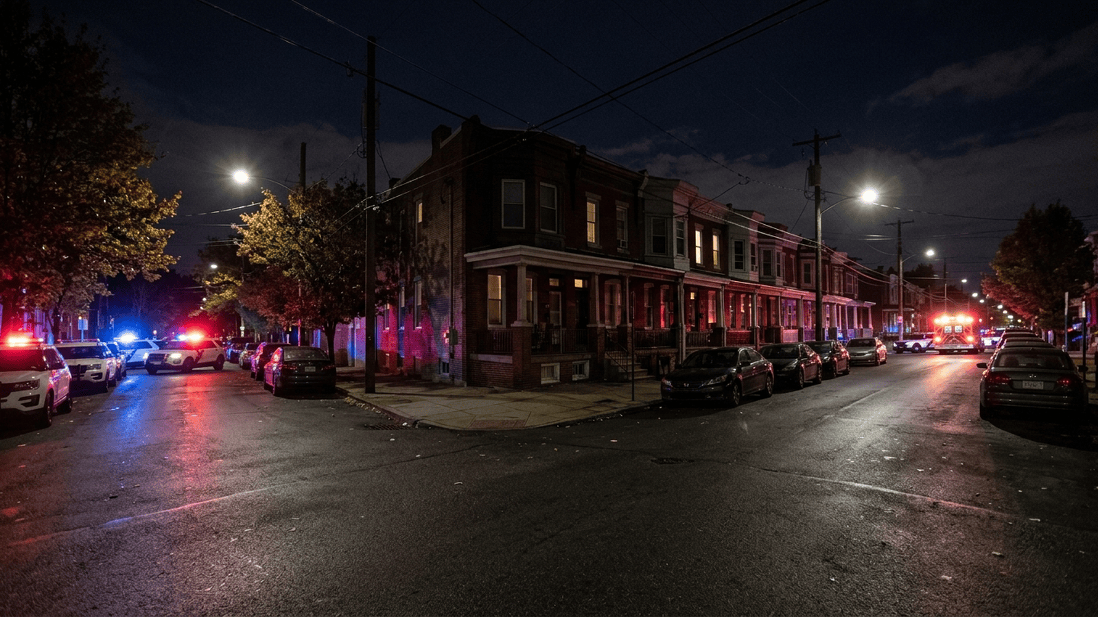 Police lights illuminate a West Philadelphia residential street at night.
