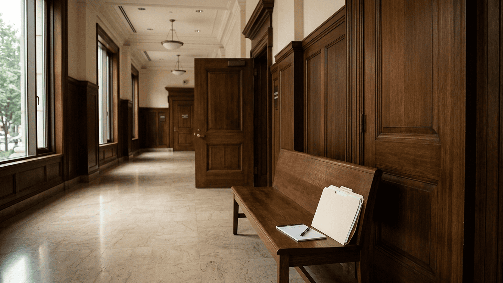 A quiet federal courthouse corridor with closed courtroom doors and a folder on a bench.