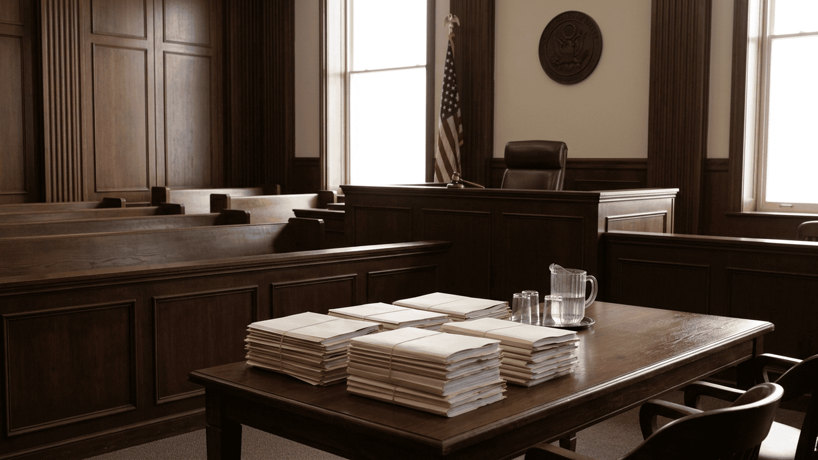 An empty federal courtroom with case files arranged on a table before the judge’s bench.