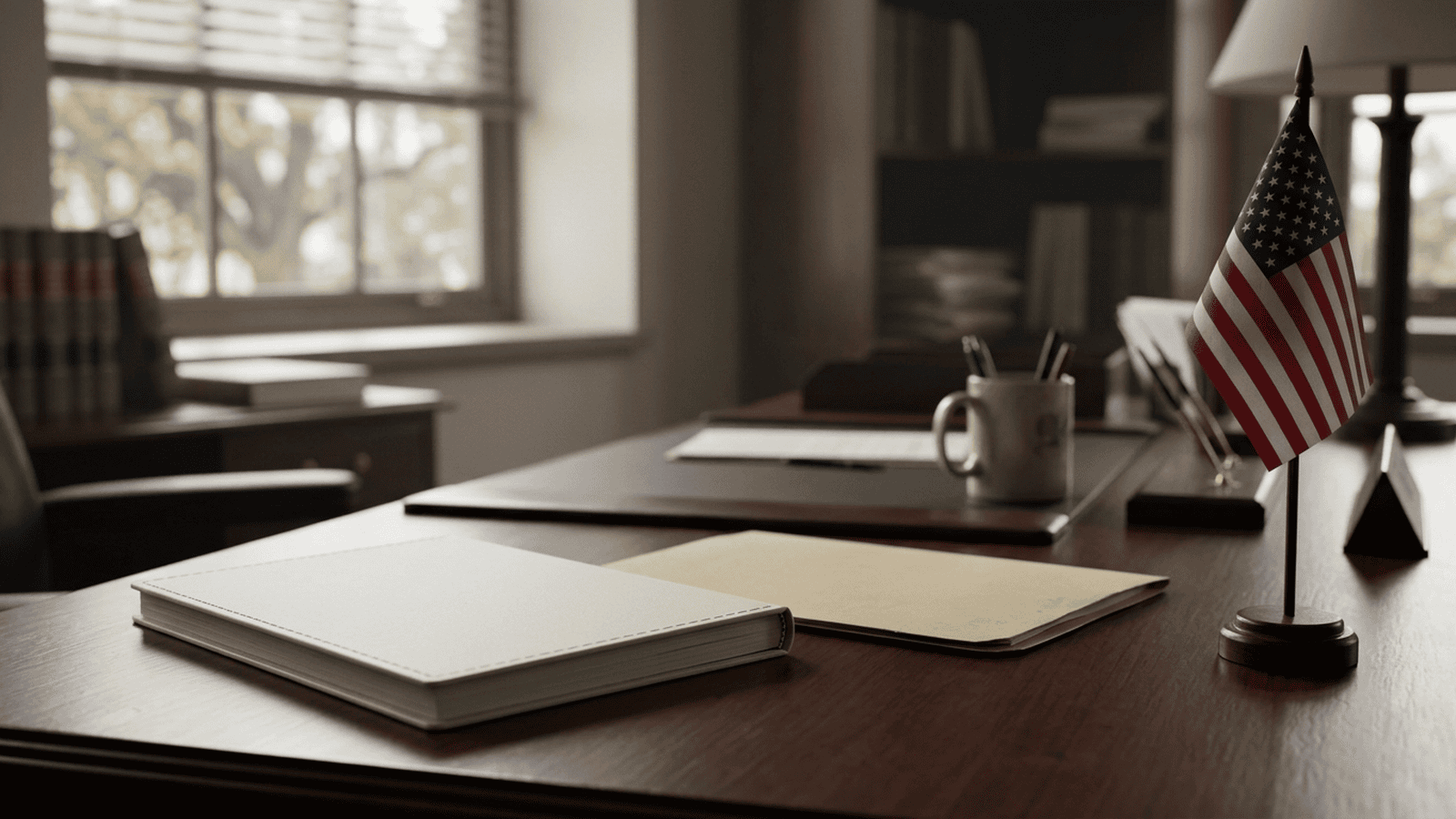 A closed memo and folder sit on a desk beside a small American flag.