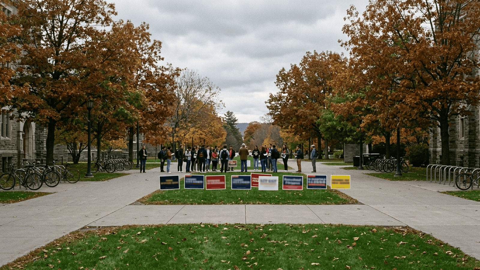 A distant student gathering on a university campus walkway in autumn.