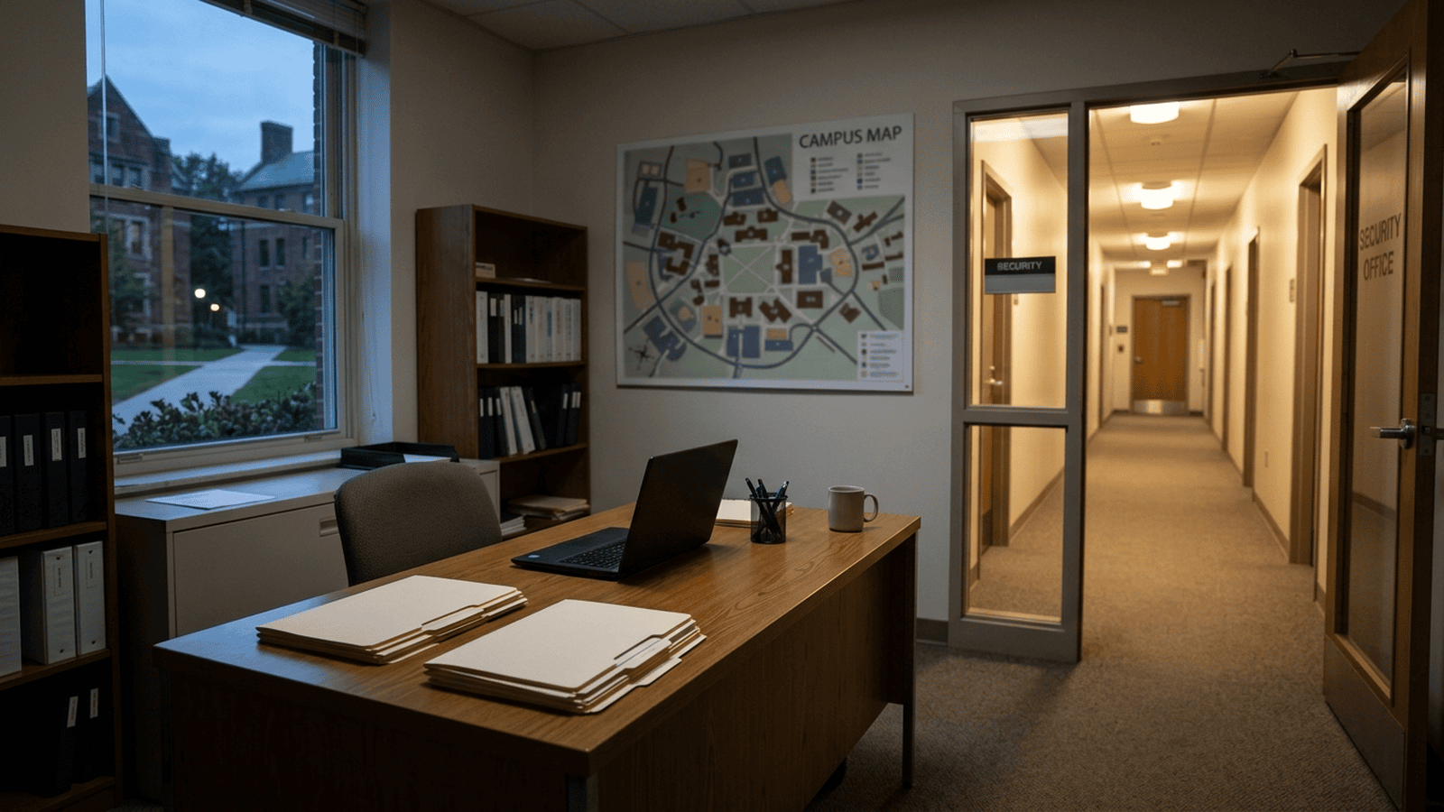 An empty campus security office with closed files and a campus map on the desk.