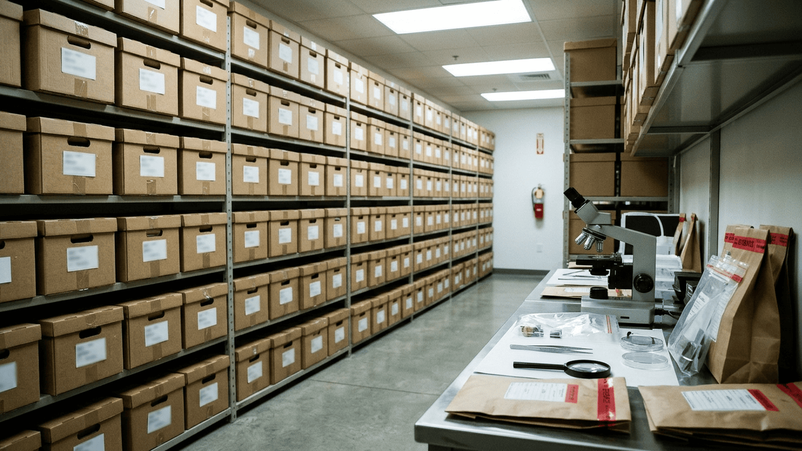 dbfbf84ebacb4e29560c6b73c9b413606ea6f94ba05f1ae966d80c32e605a791 Sealed evidence boxes sit beside forensic laboratory equipment in a quiet storage room.