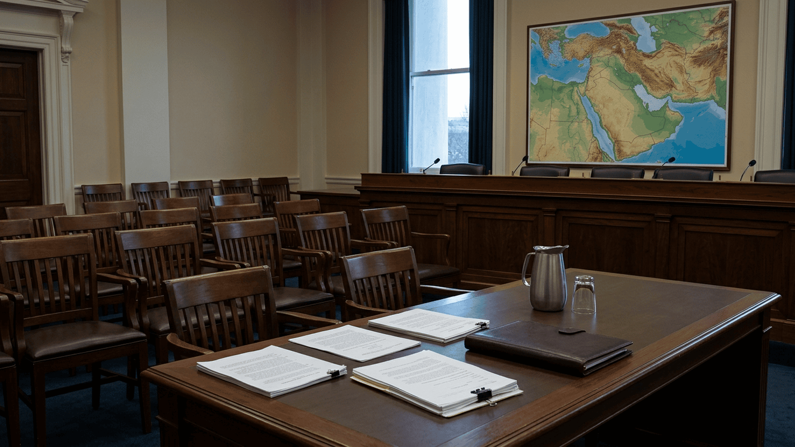 An empty hearing room with a Middle East map displayed as lawmakers face questions about war costs and damaged bases.