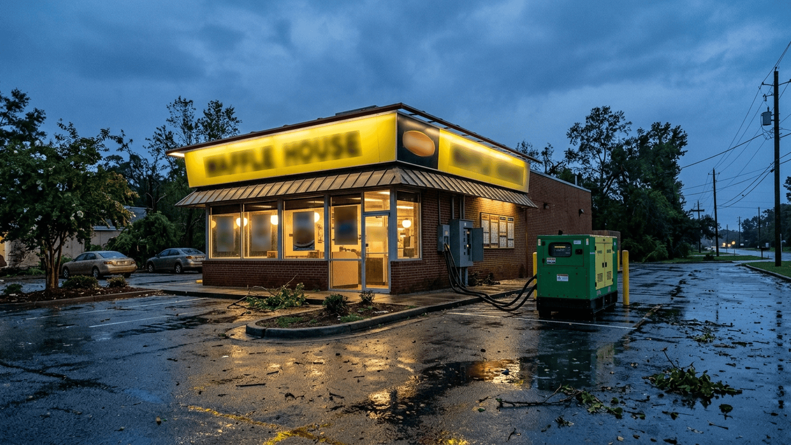 A roadside diner with a glowing yellow sign stands beside wet pavement after a storm.
