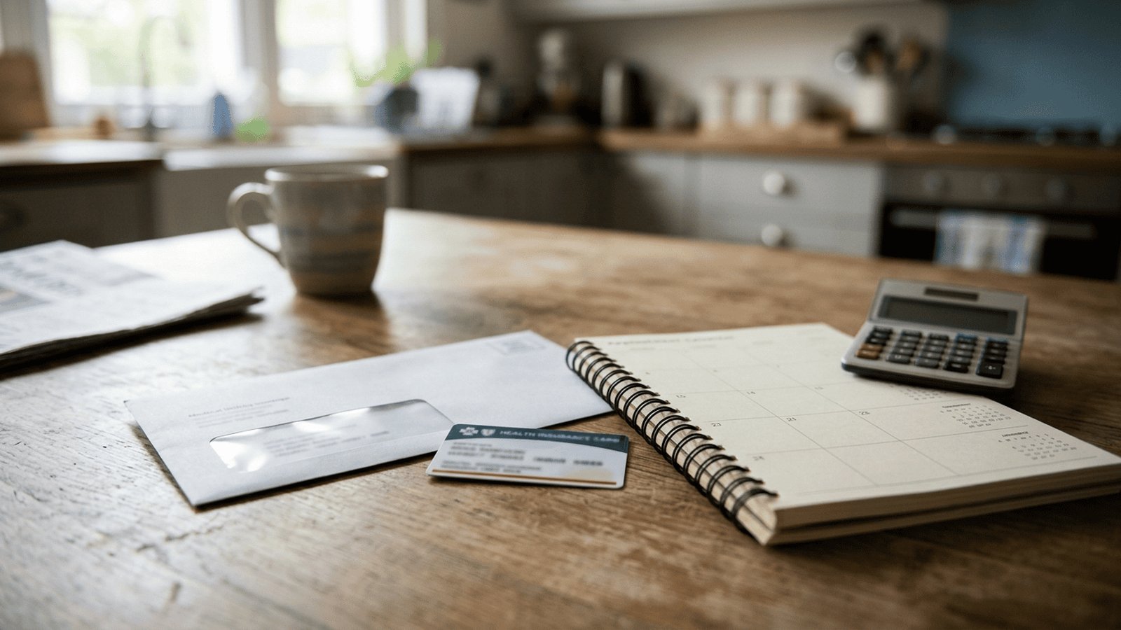 A medical bill, health insurance card, calculator and closed calendar sit on a kitchen table.