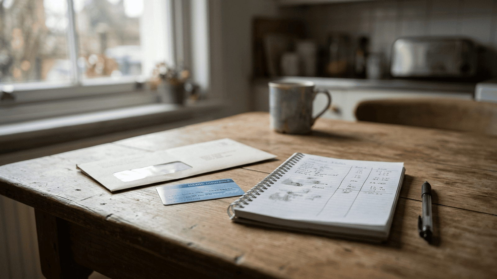 An insurance card and medical bill sit beside a household budget notebook on a kitchen table.