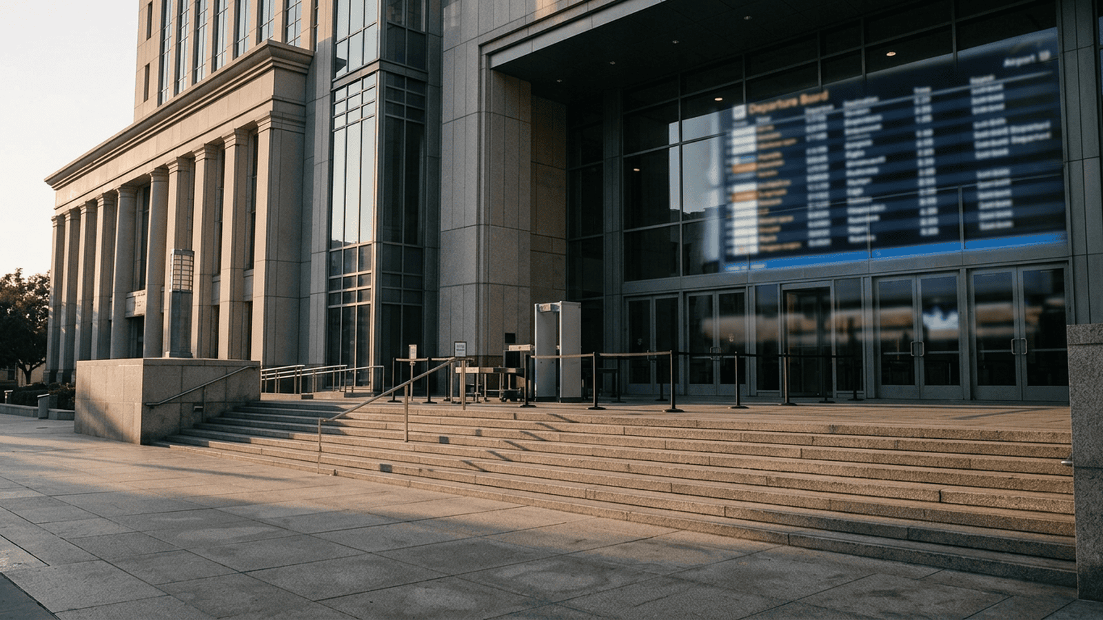 A federal courthouse exterior at dawn with a security checkpoint in view.