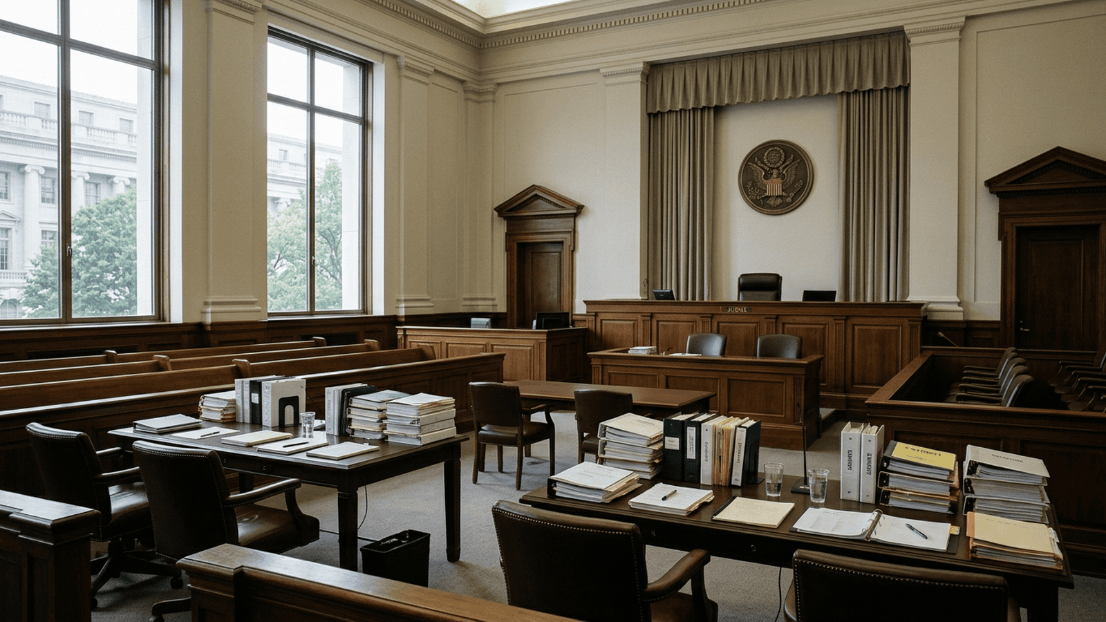 An empty federal courtroom with case files arranged on counsel tables.