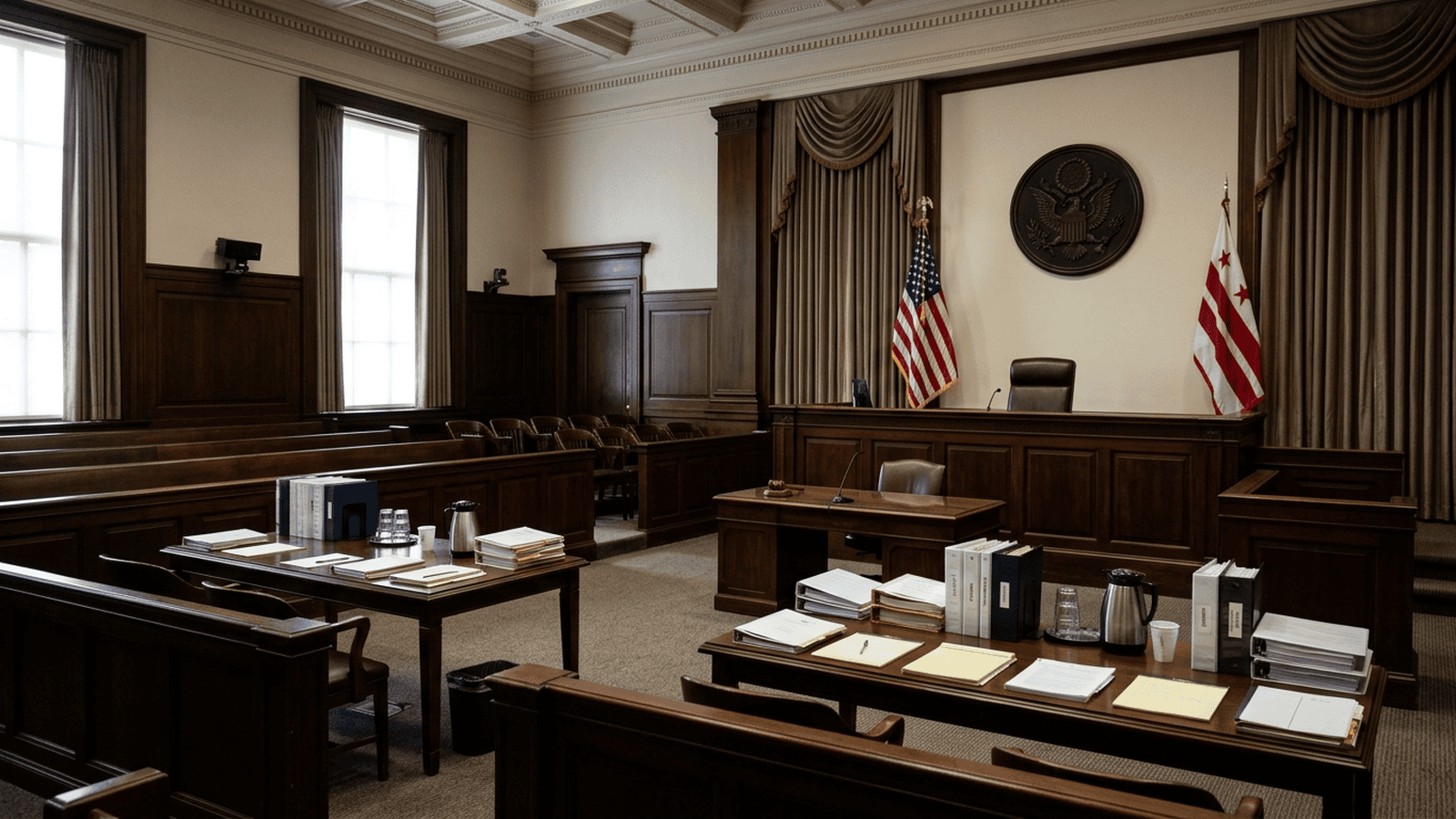 An empty federal courtroom with case files arranged near the judge’s bench.