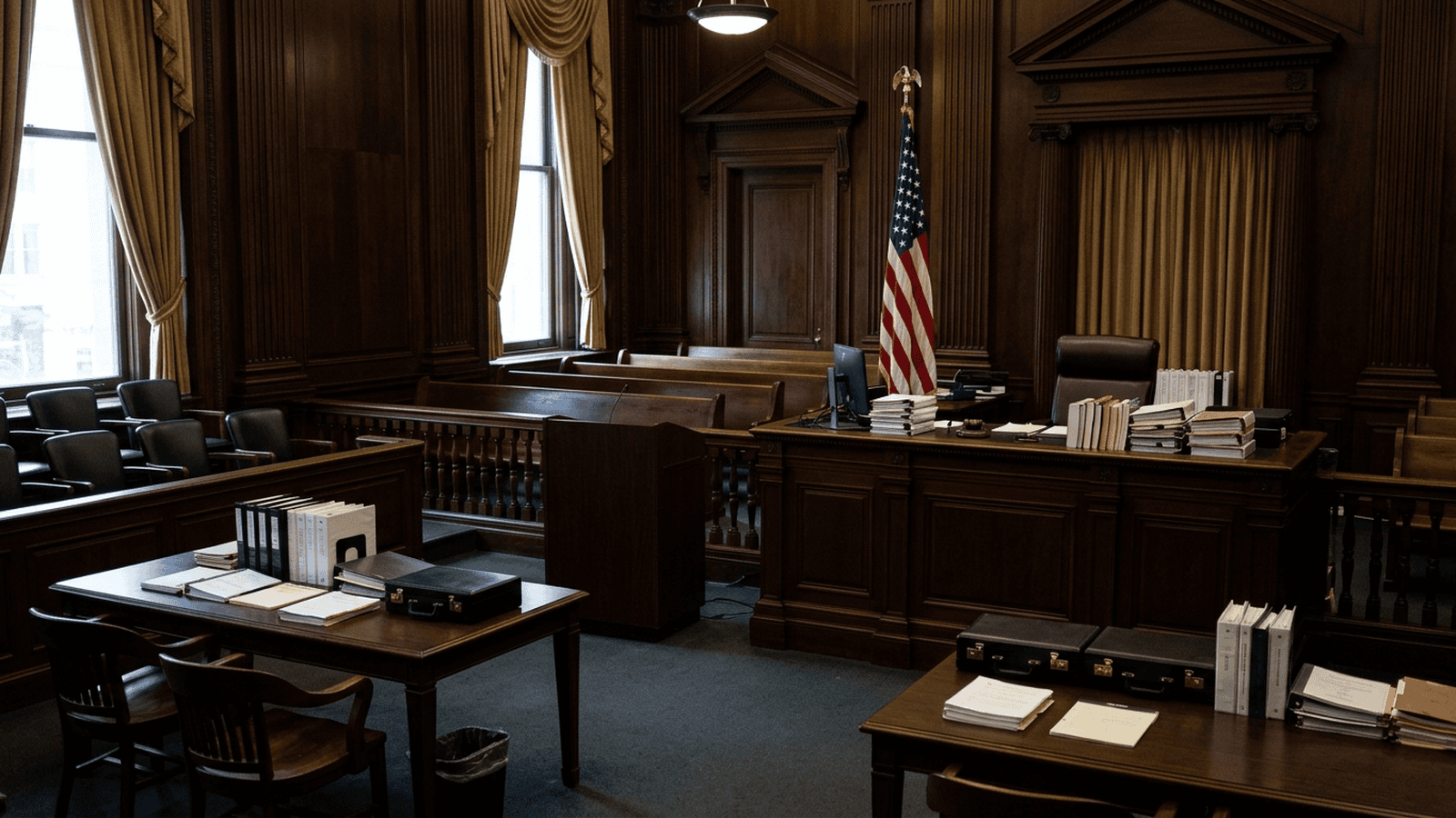 e6305c2f1e5723de7de6bd17aba24cf7321608d8b3bd2effa7ca46c8aec3e849 An empty federal courtroom with legal documents arranged on a table before the judge’s bench.