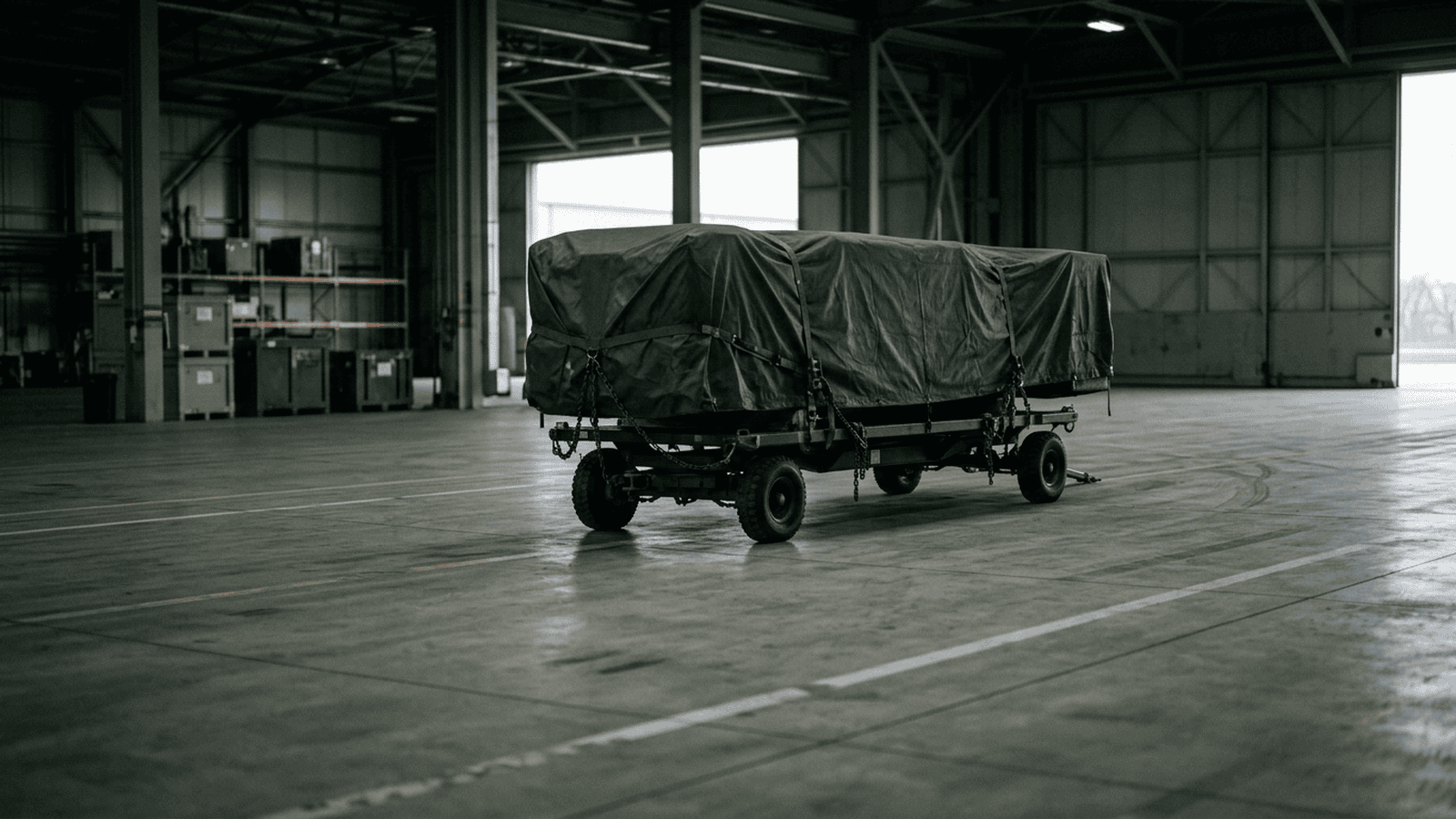 e6cfe5e93a1870da3f78dfed7e38696e4fc2fd4cfa514a9a08f7bbda0d754d6d A covered heavy ordnance shape rests on a transport dolly inside a military aircraft hangar.