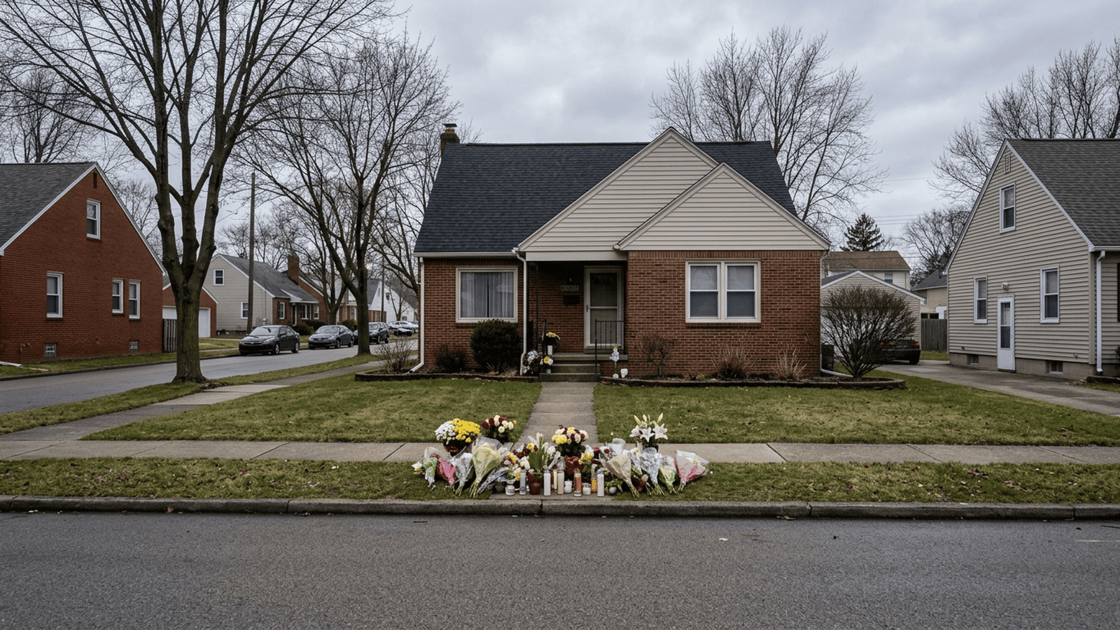 e9e1f694f35b5cc962c6006056fb41a1982ab56863efcce67500b65a49b1b8b1 Flowers and candles sit outside a home in Erie where eight people were killed.