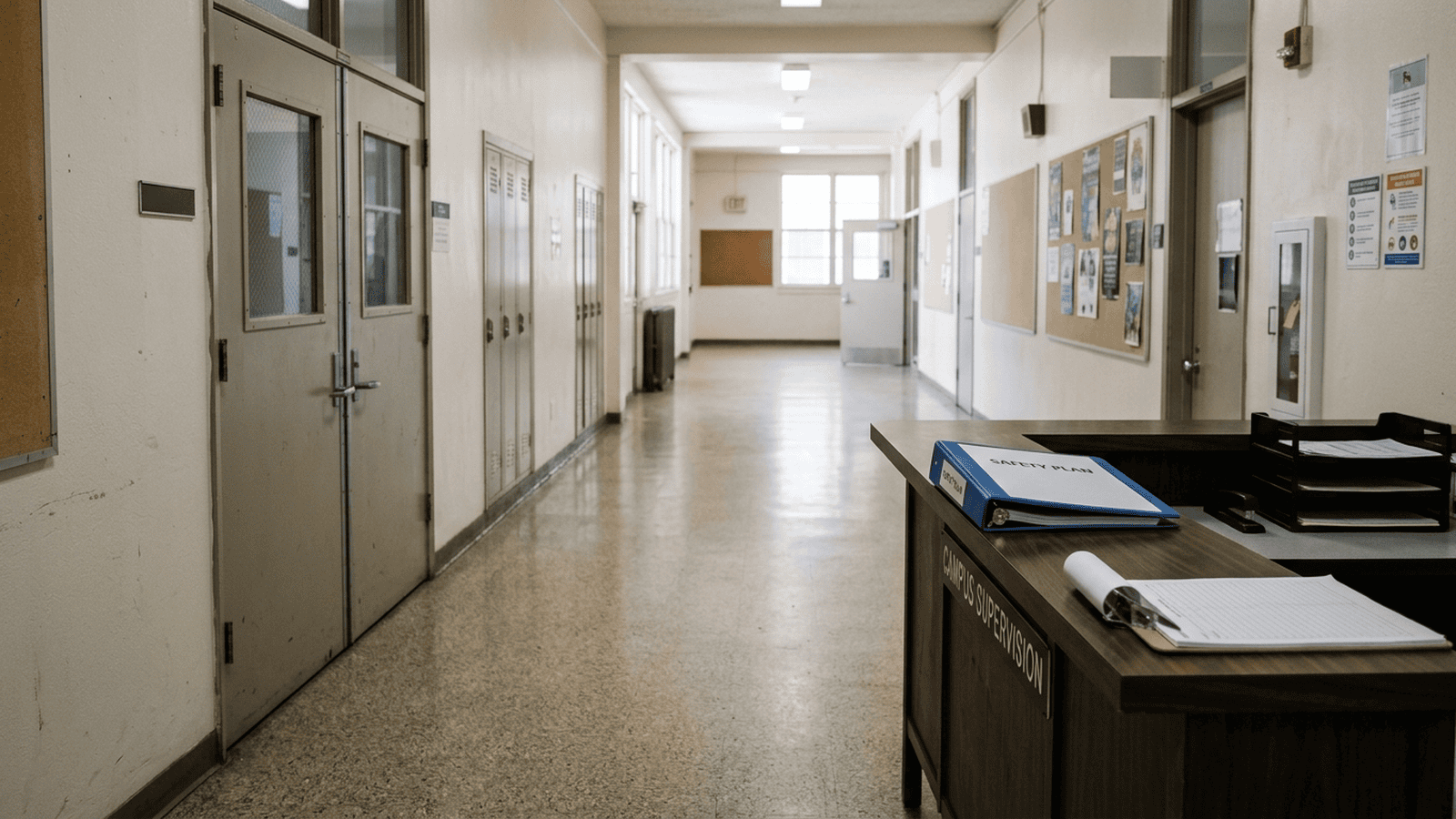 An empty school hallway with a supervision desk and a binder representing campus safety planning.
