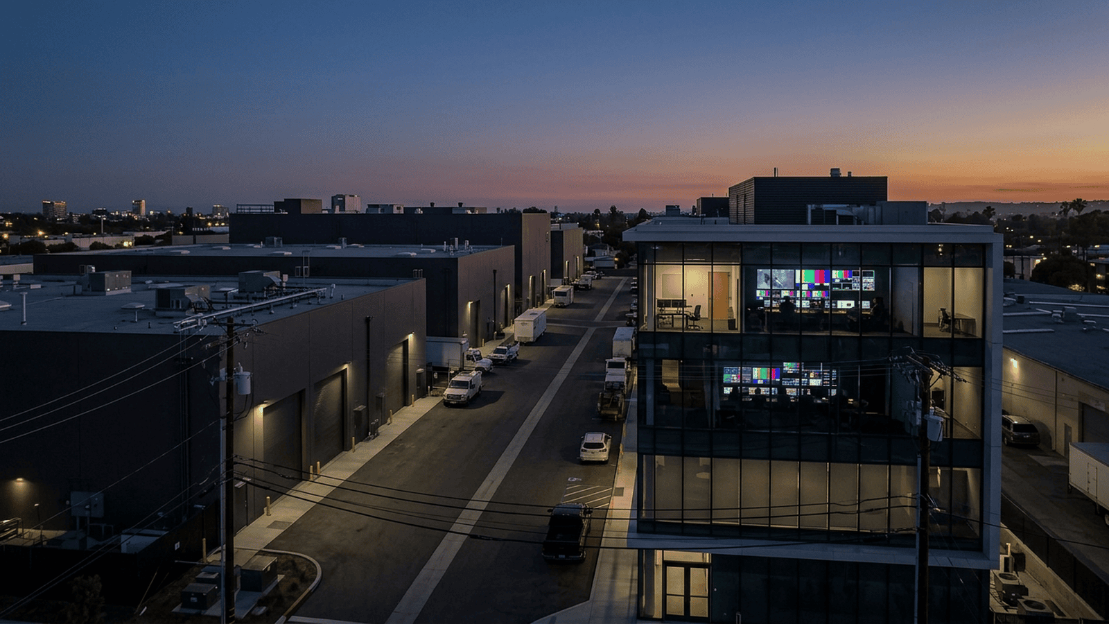 A film studio lot and production control room represent the consolidation of entertainment businesses.