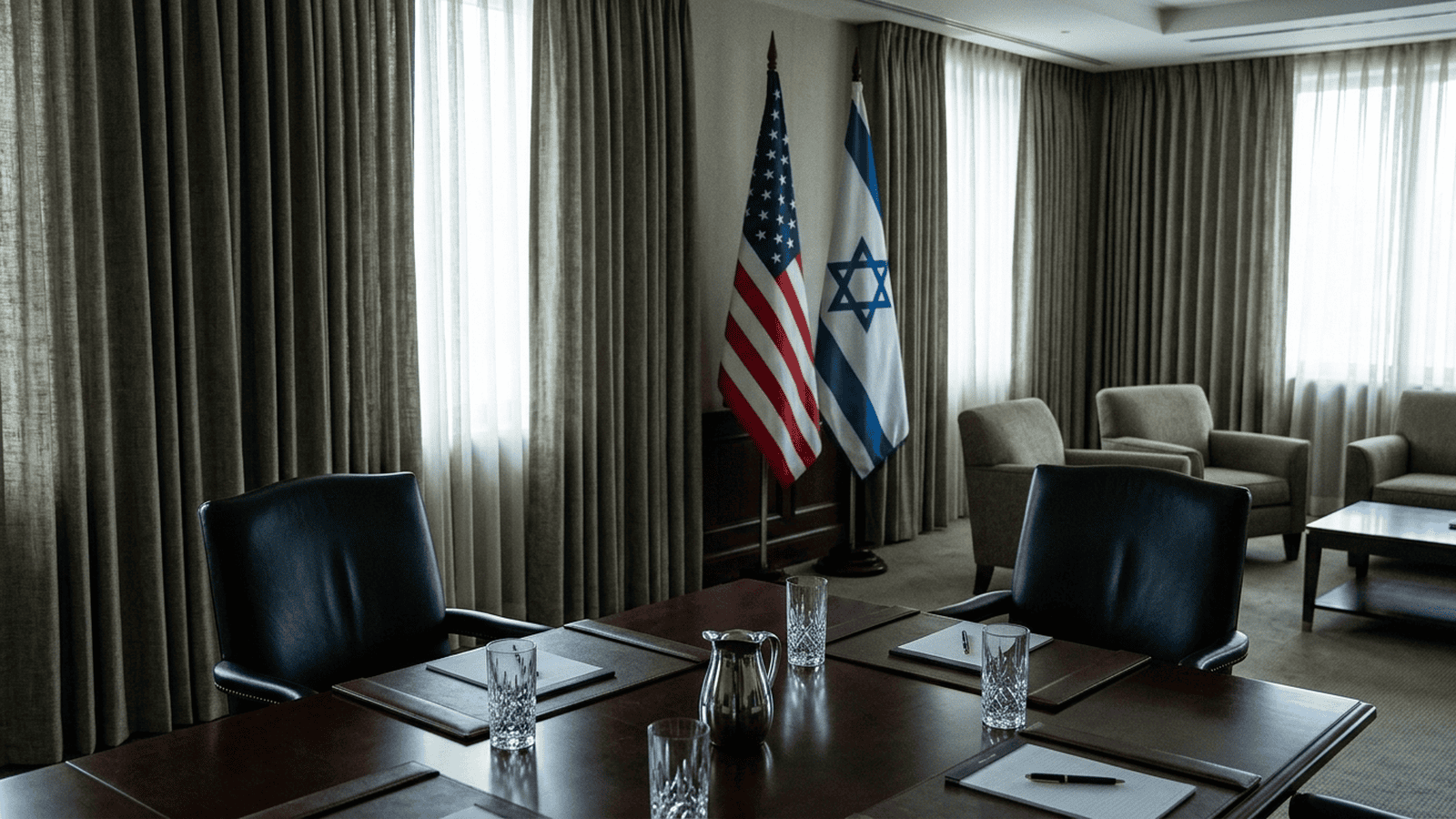 An empty diplomatic meeting room displays U.S. and Israeli flags beside a conference table.