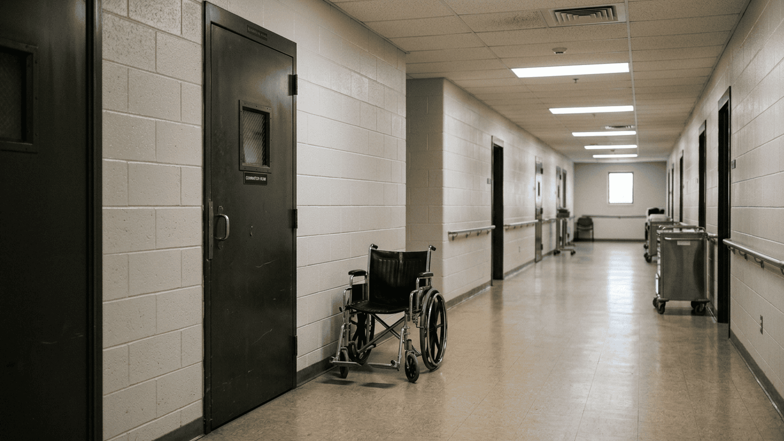 A quiet prison medical corridor with a wheelchair beside a closed examination-room door.