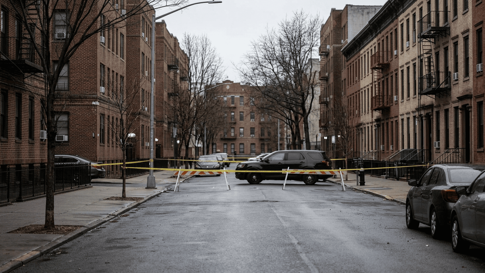 Police barriers stand on a residential street in Marble Hill after a shooting involving federal agents.