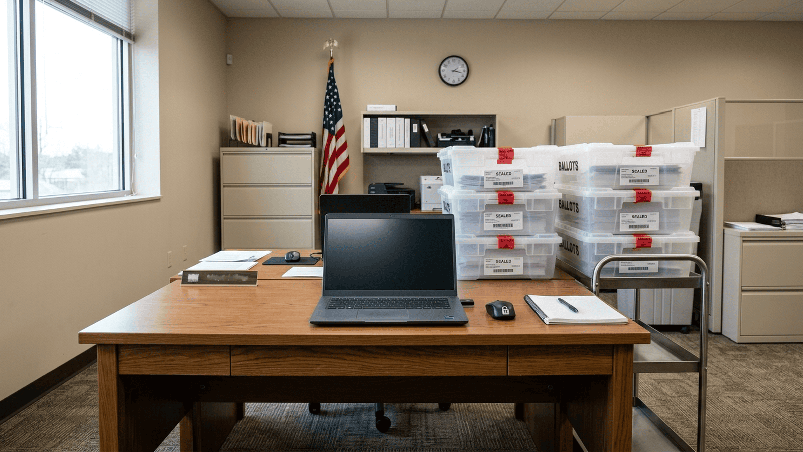 A password-protected USB drive sits beside ballot trays in an election administration office.
