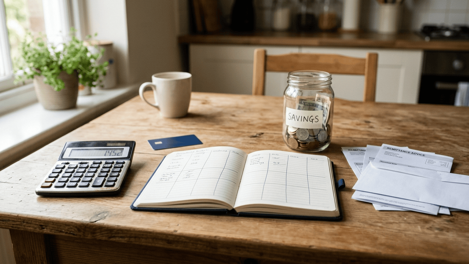 A calculator, household bills, a credit card and a savings jar sit on a kitchen table.