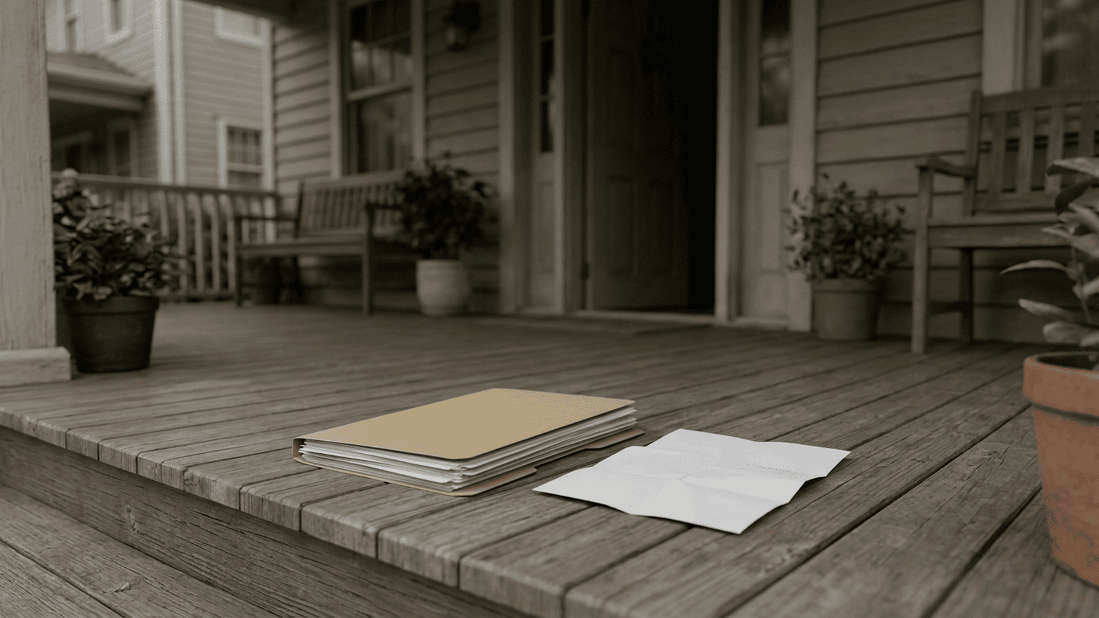 A quiet residential front porch beside a folder representing a federal court ruling on election-related field operations.