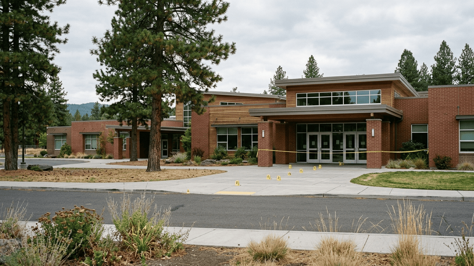 A quiet elementary school entrance in Bend, Oregon, with glass double doors and a secured campus.