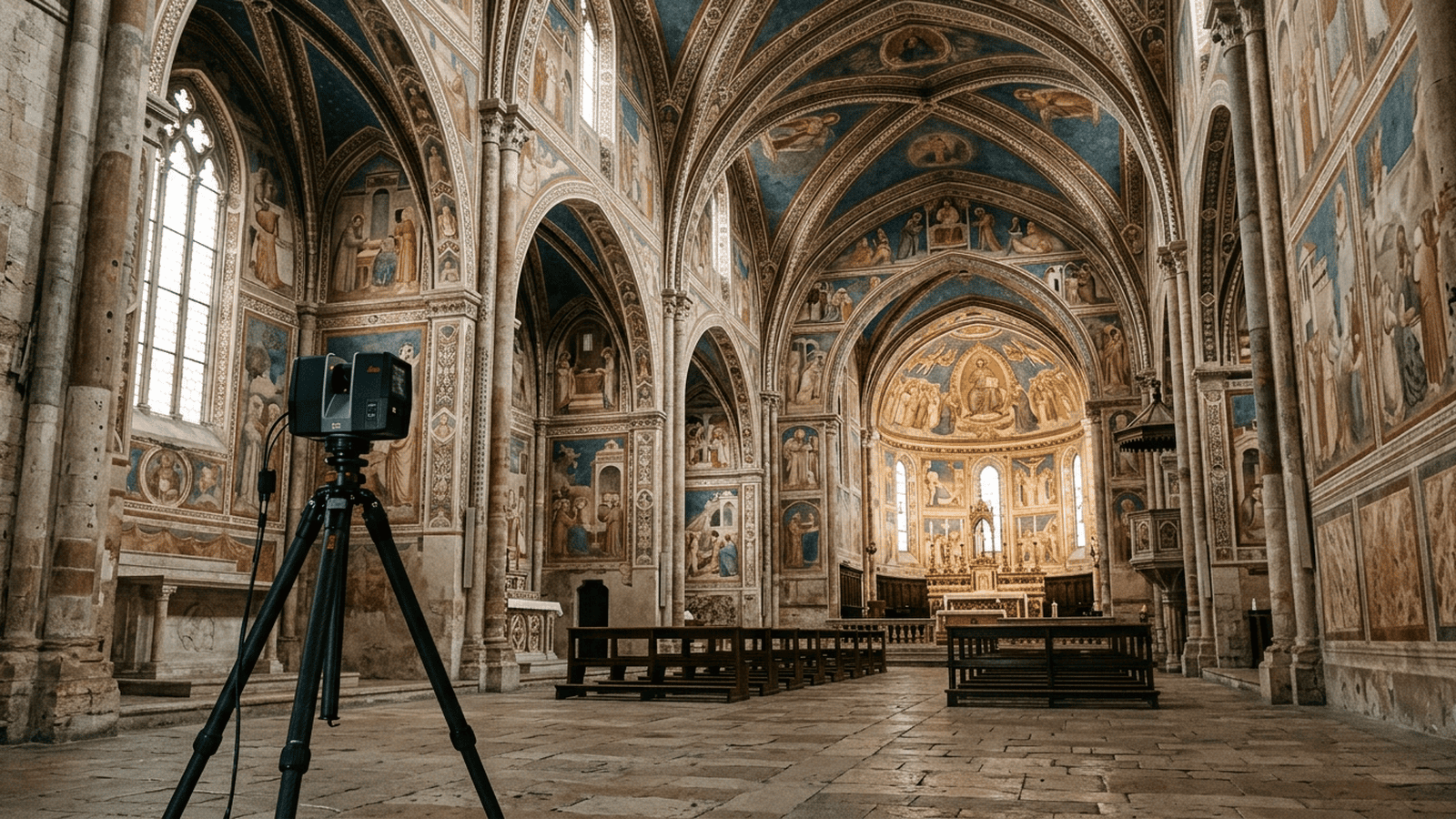 f571d728e0734d827ff03481a2a9bb2327f64434dd8c8d26f3433e0c04eaa7bd A scanning camera stands inside the frescoed Basilica of Saint Francis of Assisi.