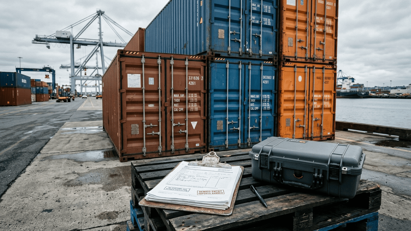 Shipping containers and a laboratory equipment case sit at a port as a visual representation of biotech import restrictions.