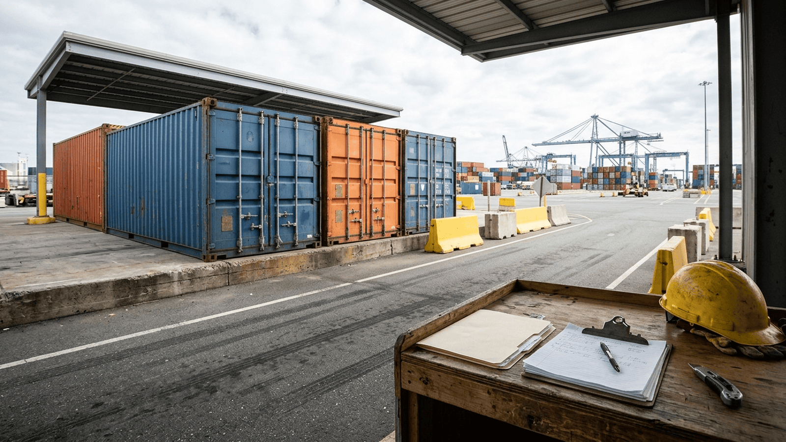 Cargo containers stand beside a customs inspection lane at a U.S. port.