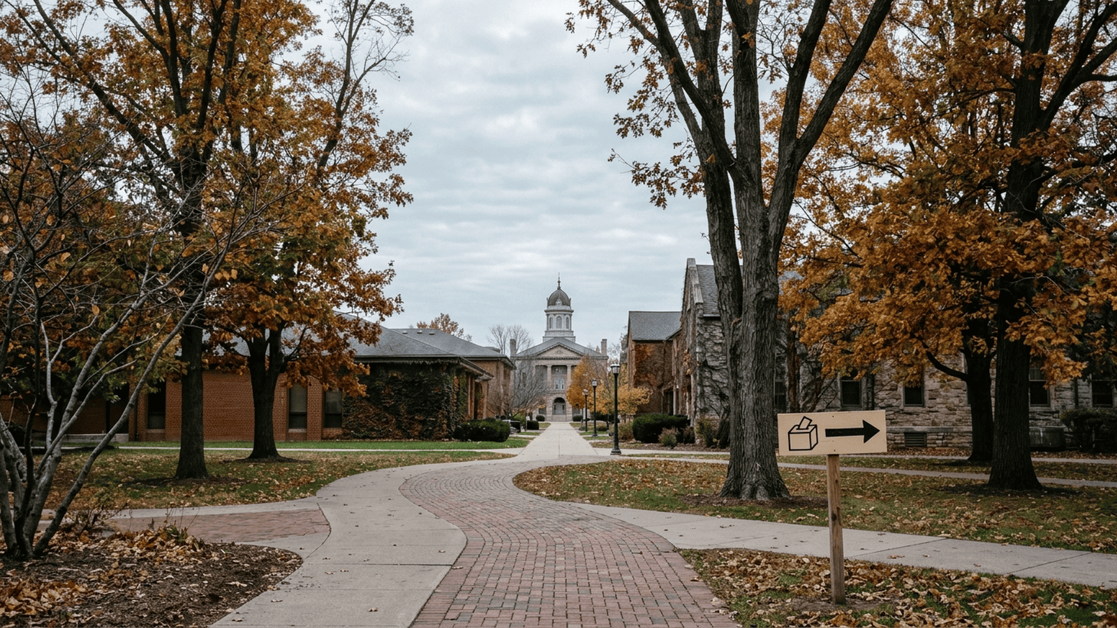 A college walkway leads toward a distant courthouse, suggesting the trip some students make to reach a polling place.