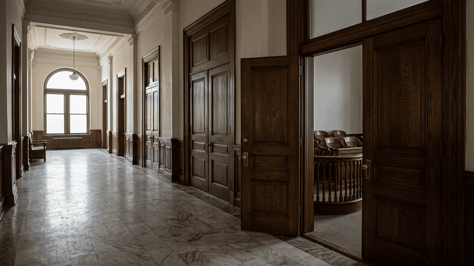 An empty courthouse hallway and jury box evoke the legal proceedings in Curtis Flowers’ case.