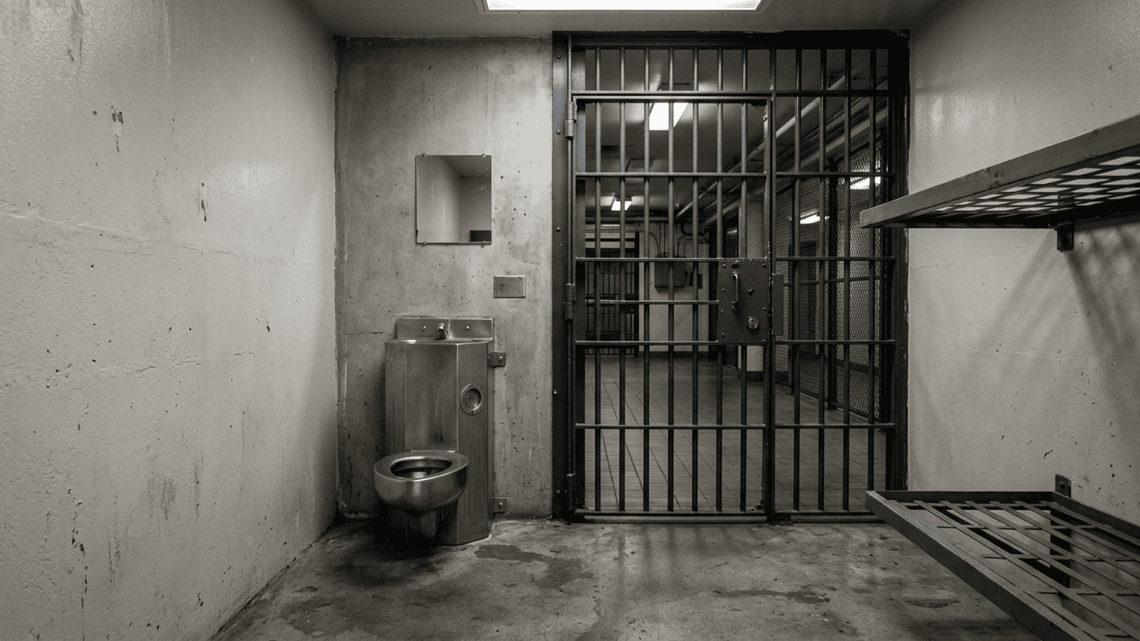 An empty jail cell with a toilet and a closed barred door.
