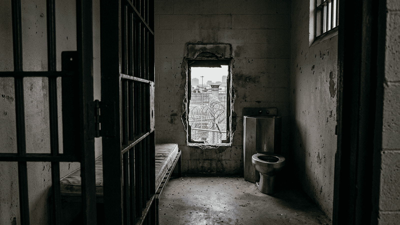 fdc150e8e46e737fa71283c94039d363cb6c1052486af6838cadcbf8ba782b6b An empty jail cell shows a toilet beside an opening in the wall and a corridor leading toward a perimeter fence.