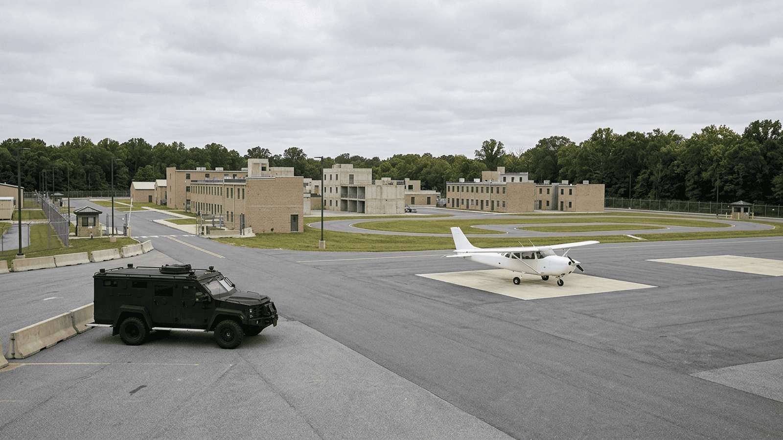 ff2f6463df3c4f10b4fabfeb470d87b1074bf00daf9b08d3367815cb79ebe502 An armored vehicle and surveillance aircraft sit at a secured training facility.