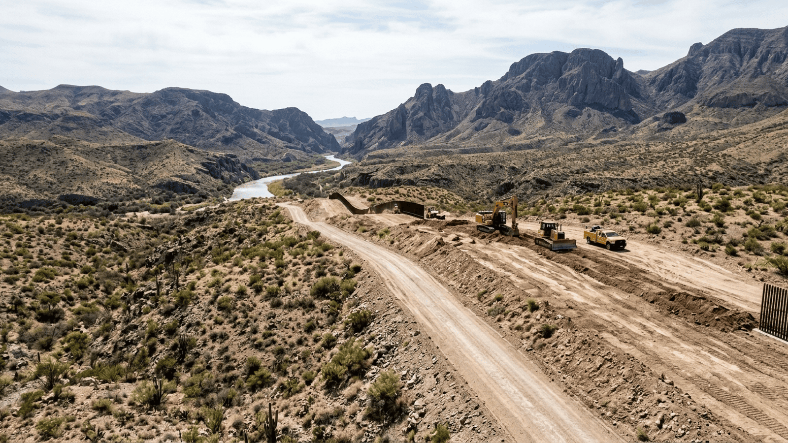 A remote West Texas desert landscape with a graded road and construction equipment in the distance.