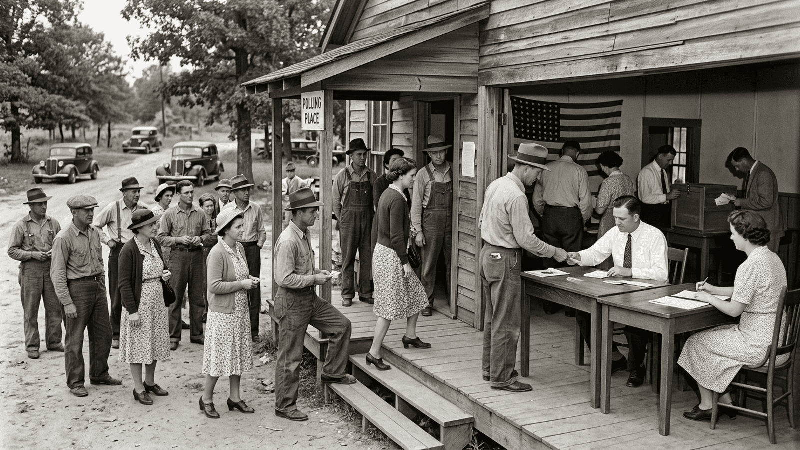history-arkansas-runoff-primary-reform-1939-03feb4ec Voters in 1930s clothing gather outside a modest Arkansas polling place.