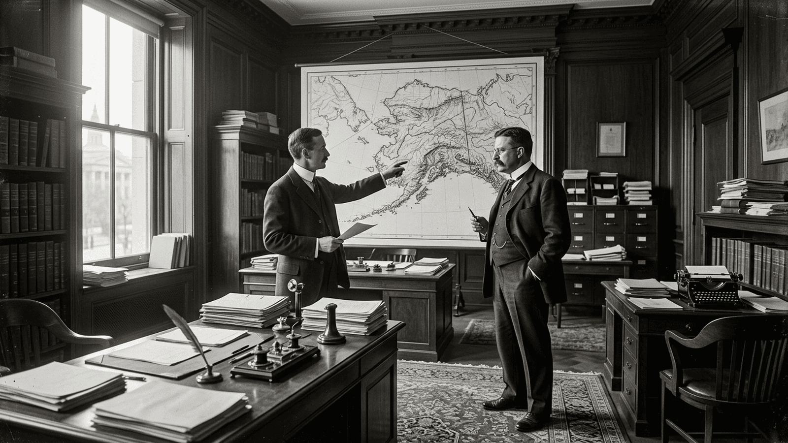 Two suited federal officials confer over papers in a 1910-era government office.