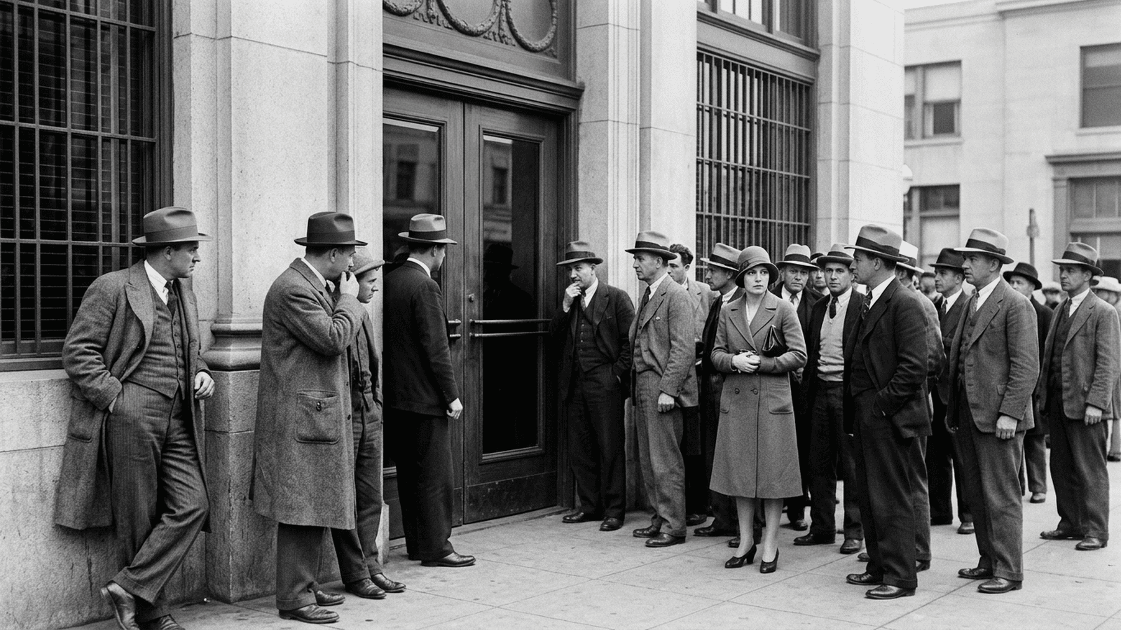 Customers in 1930s clothing gather outside a California bank during the 1933 banking holiday.