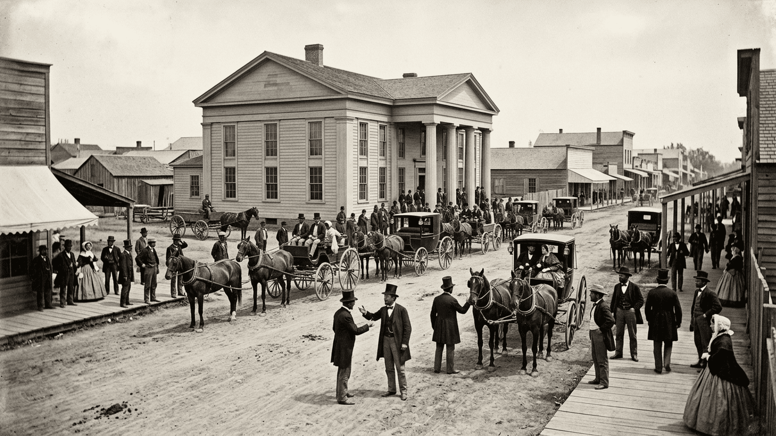 Legislators and horse-drawn carriages gather outside a mid-19th-century government building in Sacramento.