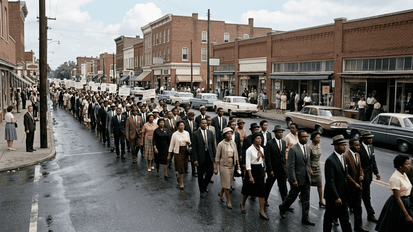 Civil rights demonstrators march along a downtown Cambridge, Maryland, street in 1963.