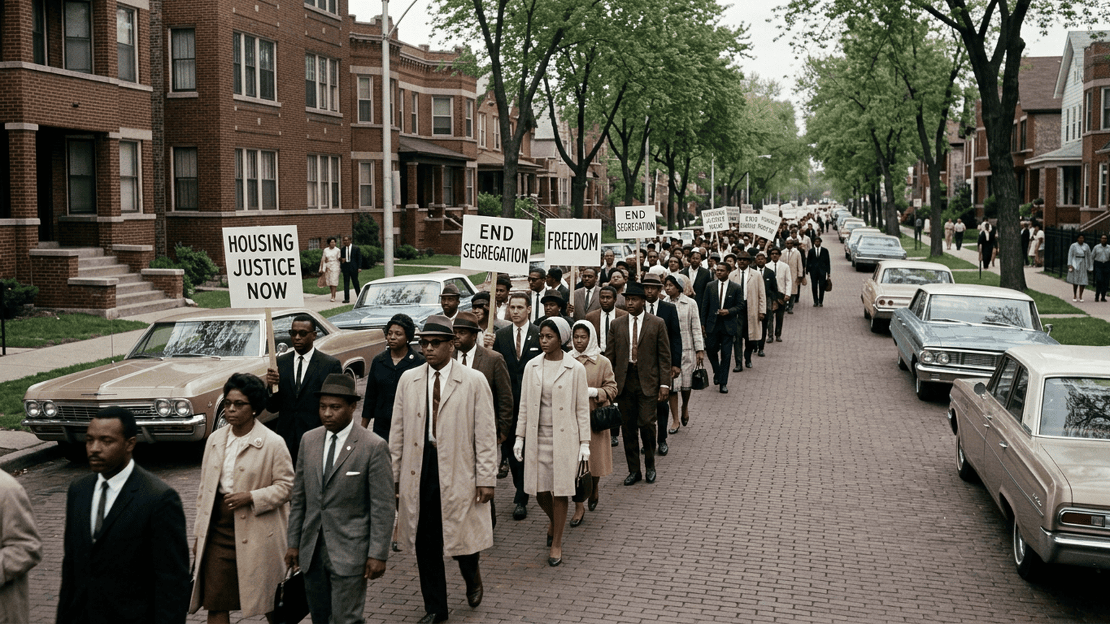 Civil-rights marchers in period clothing walk along a Chicago neighborhood street in 1966.