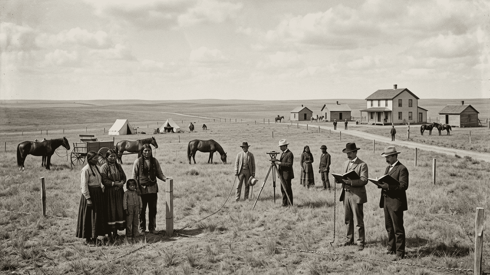 Native families and a federal survey party stand on a Great Plains reservation in 1887 near a modest wooden agency building.