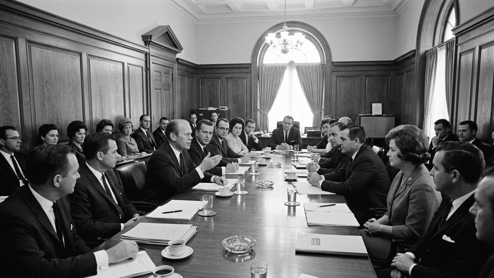 Republican representatives in 1965 meet around a conference table in a Capitol committee room.