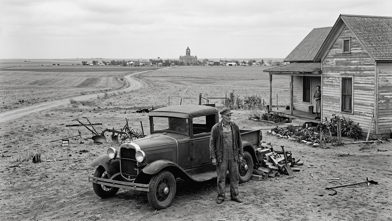 A 1935 Great Plains farmer stands beside a farmhouse and farm vehicle in an open field.